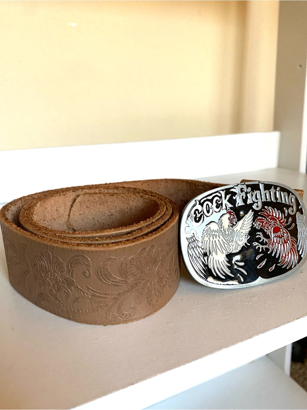 Genuine Leather Floral Embossed Belt with Rooster Belt Buckle